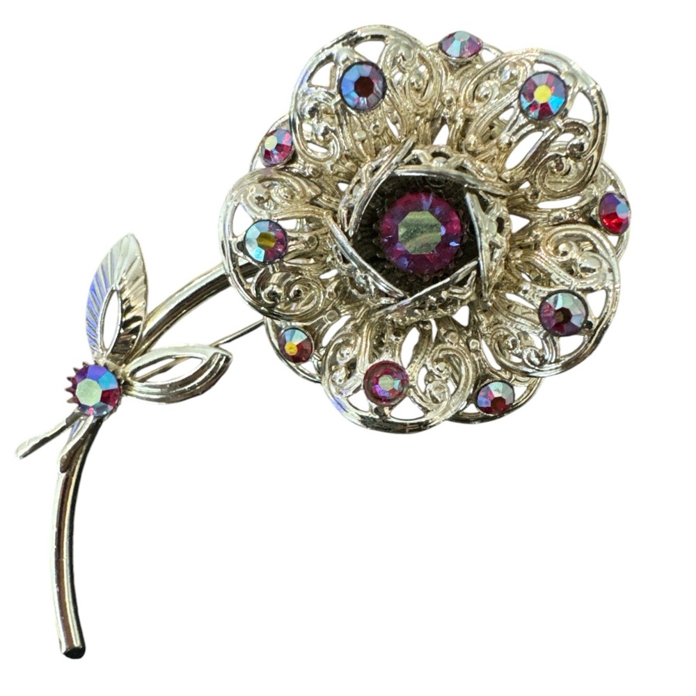 Vintage Sarah Coventry Flower AB Siam Rhinestone Brooch Pin 1961